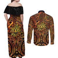 New Zealand Tamanuitera The Sun Couples Matching Off Shoulder Maxi Dress and Long Sleeve Button Shirt Maori Pattern
