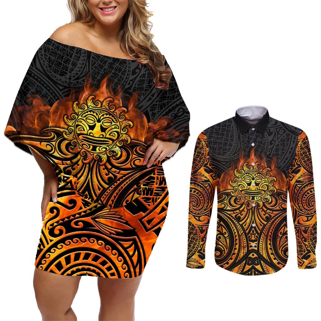 New Zealand Tamanuitera The Sun Couples Matching Off Shoulder Short Dress and Long Sleeve Button Shirt Maori Pattern LT05 Orange - Polynesian Pride
