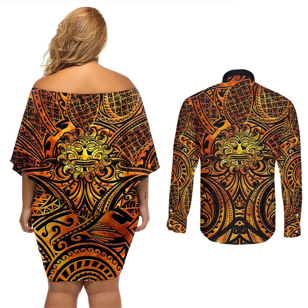 New Zealand Tamanuitera The Sun Couples Matching Off Shoulder Short Dress and Long Sleeve Button Shirt Maori Pattern LT05 - Polynesian Pride
