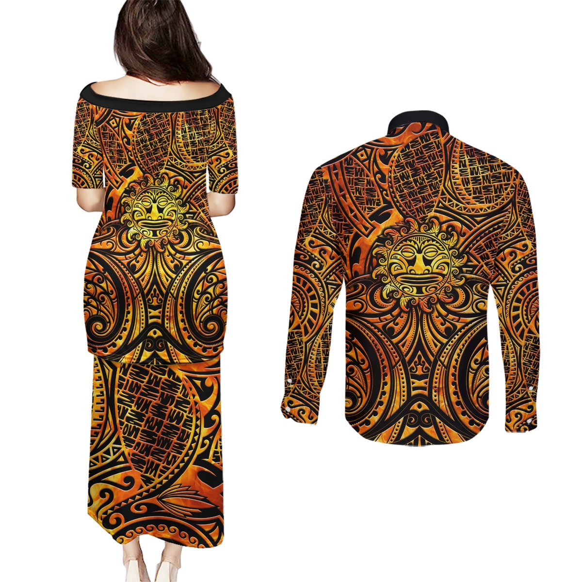 New Zealand Tamanuitera The Sun Couples Matching Puletasi and Long Sleeve Button Shirt Maori Pattern