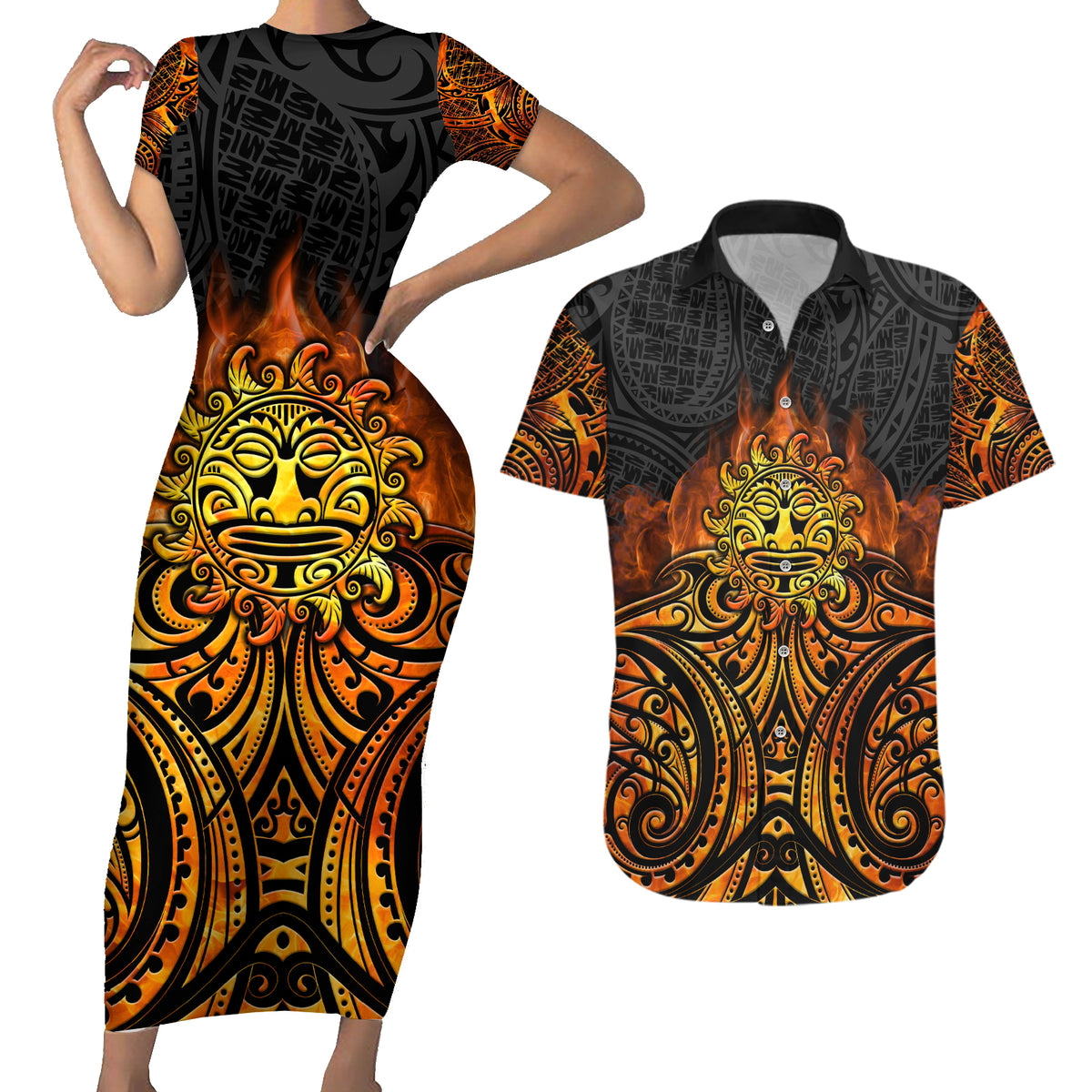New Zealand Tamanuitera The Sun Couples Matching Short Sleeve Bodycon Dress and Hawaiian Shirt Maori Pattern LT05 Orange - Polynesian Pride