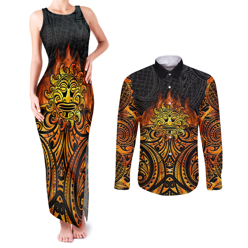 New Zealand Tamanuitera The Sun Couples Matching Tank Maxi Dress and Long Sleeve Button Shirt Maori Pattern
