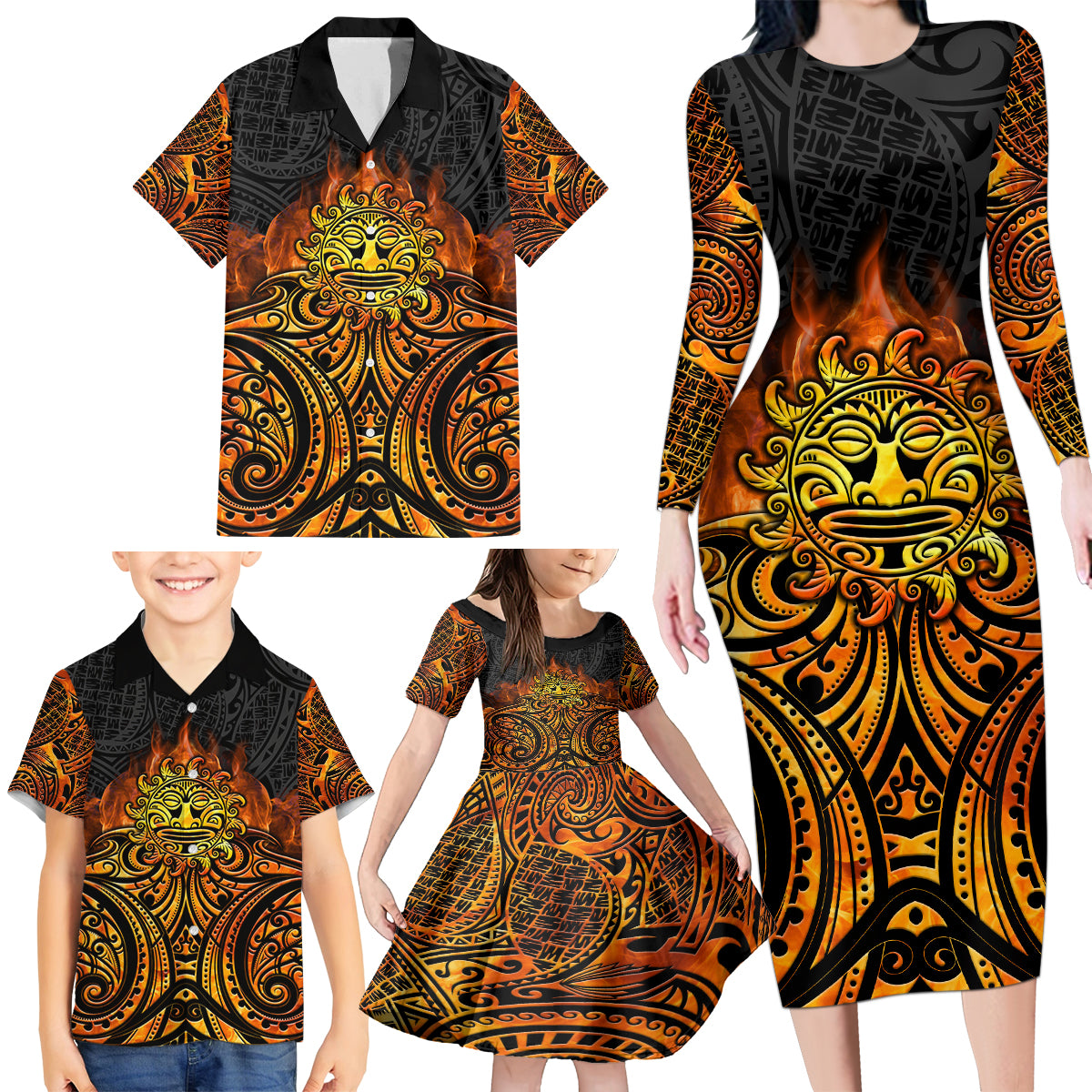 New Zealand Tamanuitera The Sun Family Matching Long Sleeve Bodycon Dress and Hawaiian Shirt Maori Pattern LT05 - Polynesian Pride