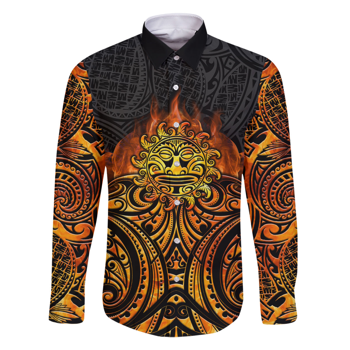 New Zealand Tamanuitera The Sun Family Matching Off Shoulder Short Dress and Hawaiian Shirt Maori Pattern LT05 Dad's Shirt - Long Sleeve Orange - Polynesian Pride