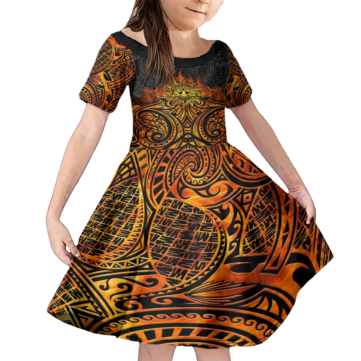 New Zealand Tamanuitera The Sun Family Matching Short Sleeve Bodycon Dress and Hawaiian Shirt Maori Pattern LT05 Daughter's Dress Orange - Polynesian Pride