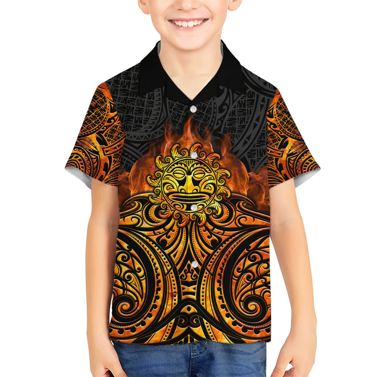 New Zealand Tamanuitera The Sun Family Matching Short Sleeve Bodycon Dress and Hawaiian Shirt Maori Pattern LT05 Son's Shirt Orange - Polynesian Pride