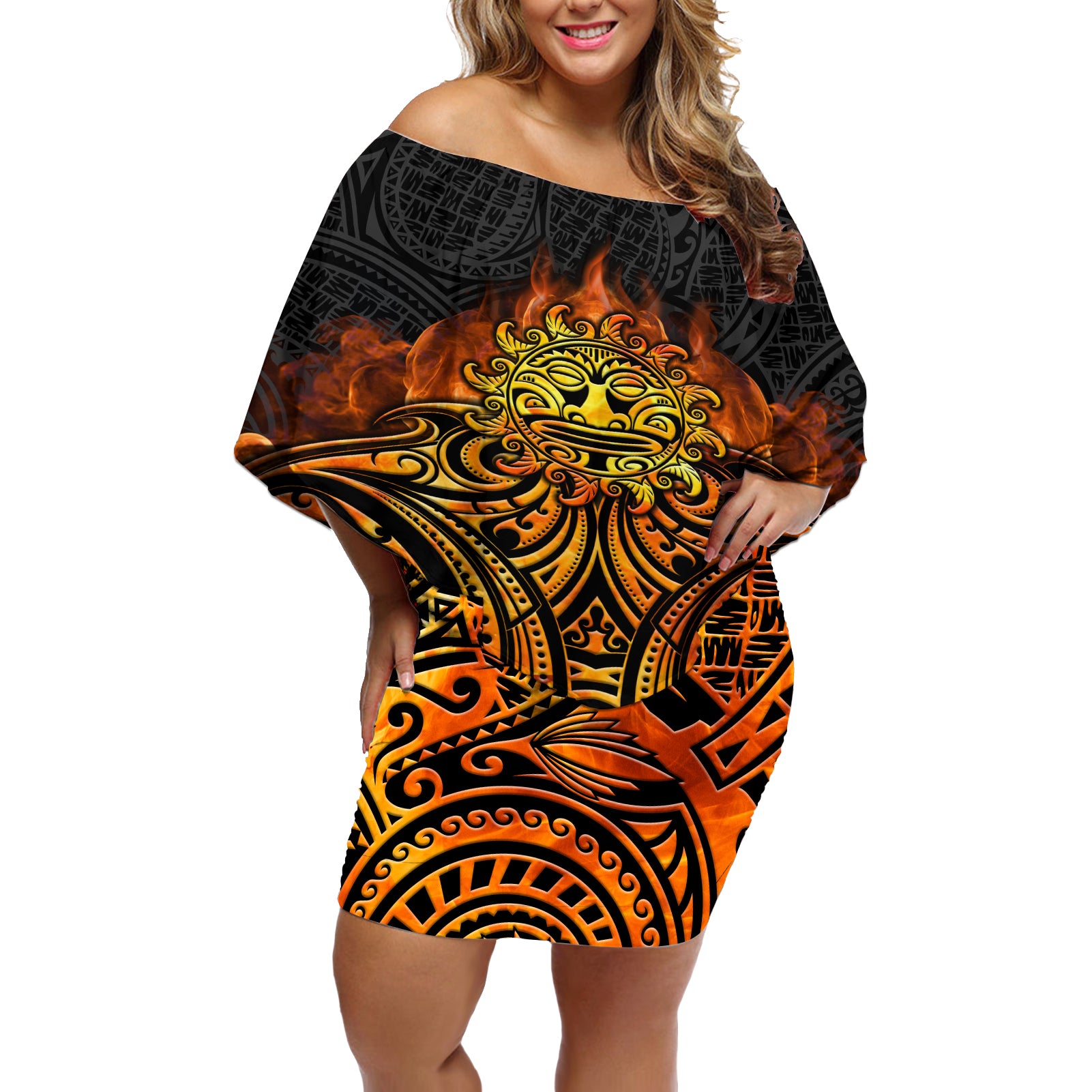 New Zealand Tamanuitera The Sun Off Shoulder Short Dress Maori Pattern