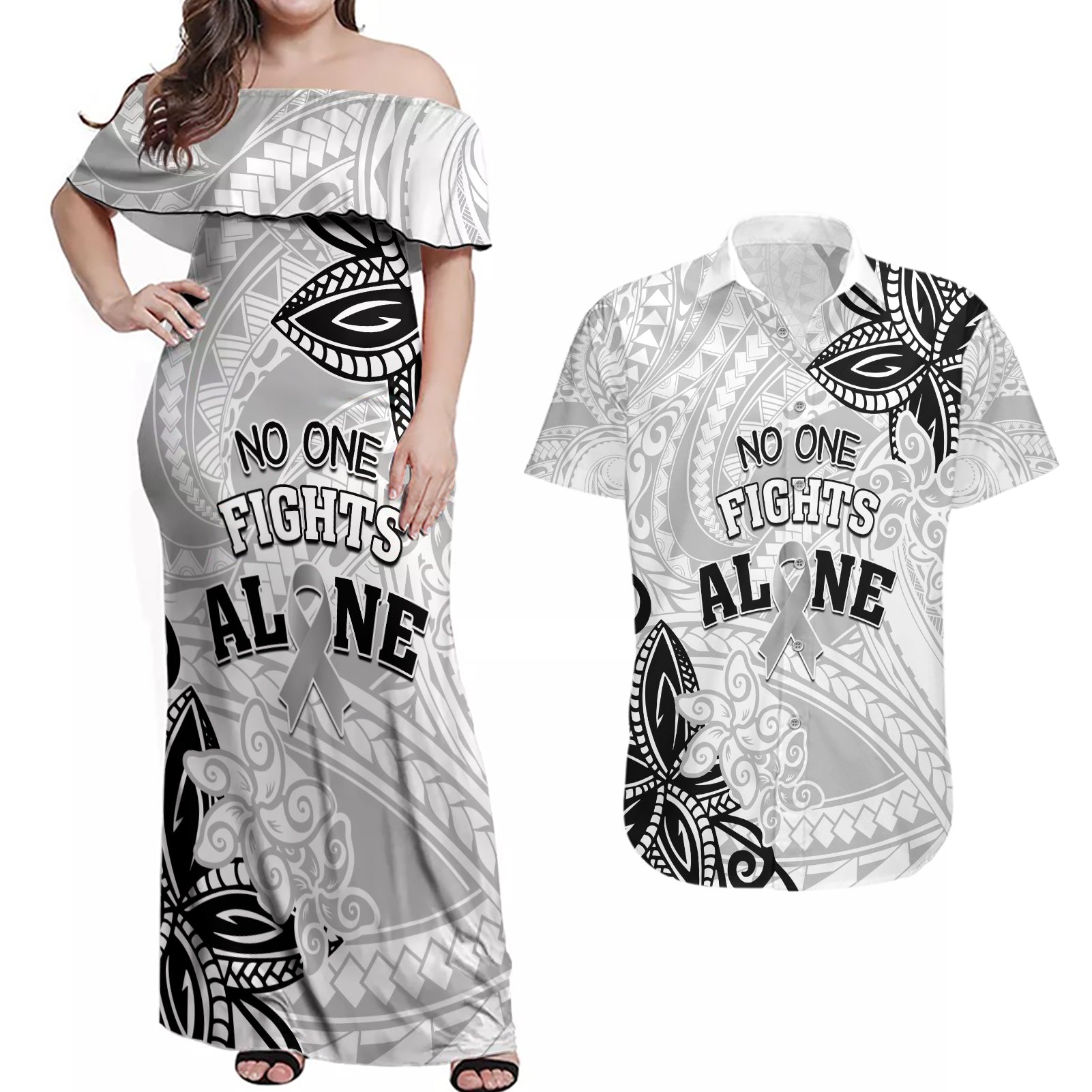 Personalised Polynesia Brain Cancer Couples Matching Off Shoulder Maxi Dress and Hawaiian Shirt No One Fights Alone