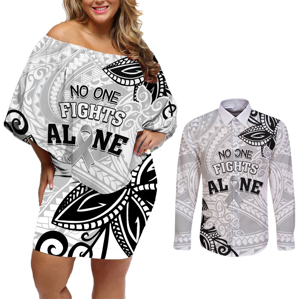 Personalised Polynesia Brain Cancer Couples Matching Off Shoulder Short Dress and Long Sleeve Button Shirt No One Fights Alone