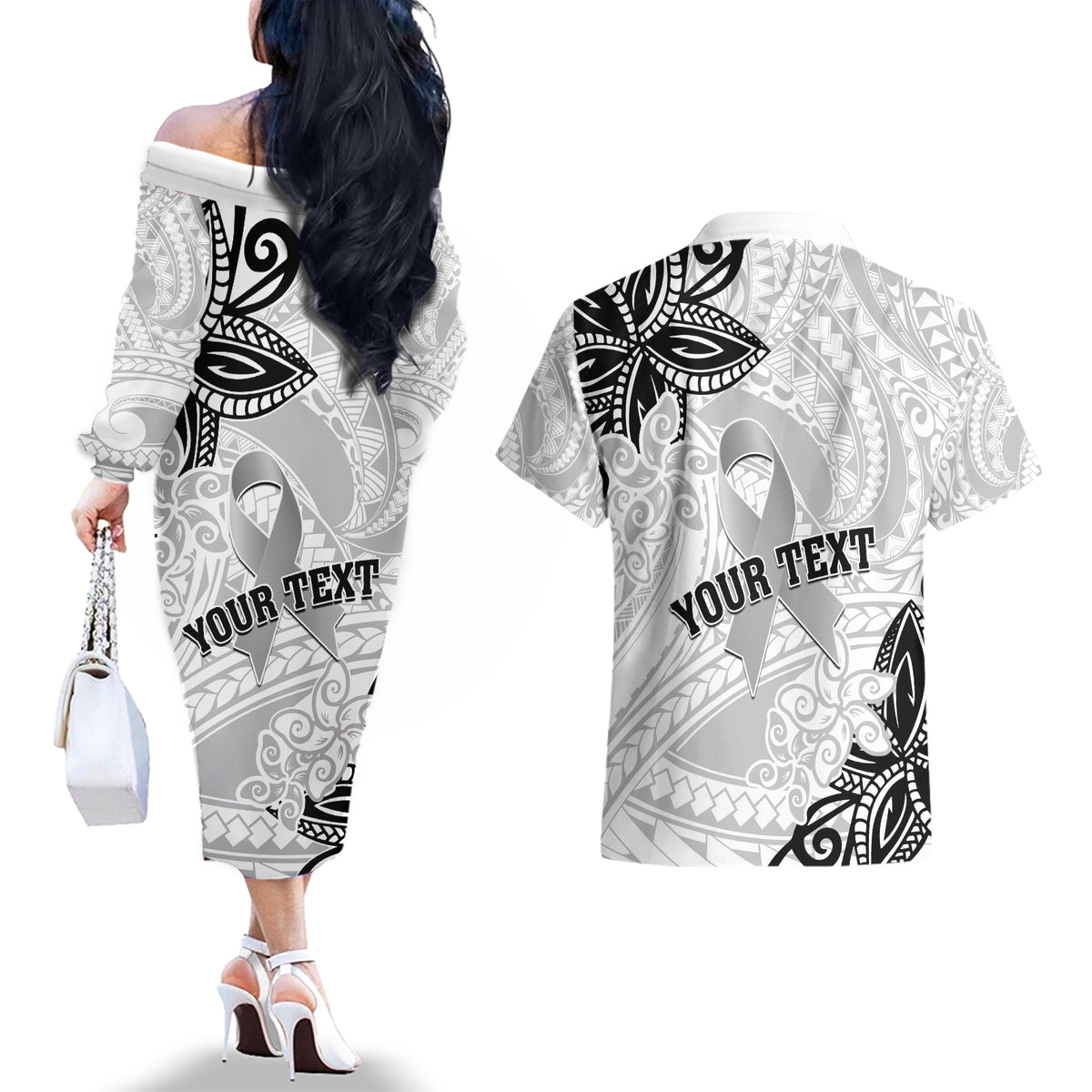 Personalised Polynesia Brain Cancer Couples Matching Off The Shoulder Long Sleeve Dress and Hawaiian Shirt No One Fights Alone