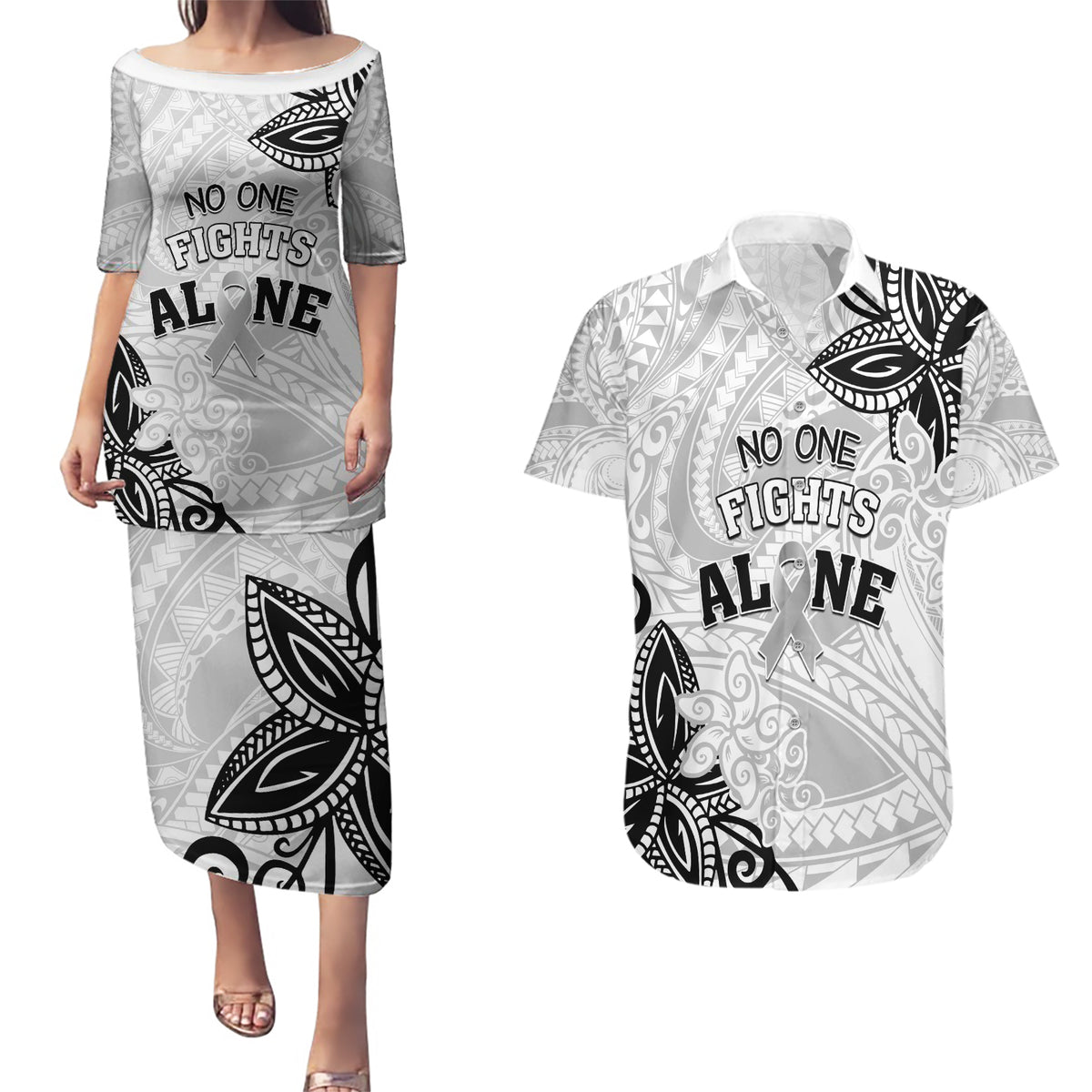 Personalised Polynesia Brain Cancer Couples Matching Puletasi and Hawaiian Shirt No One Fights Alone