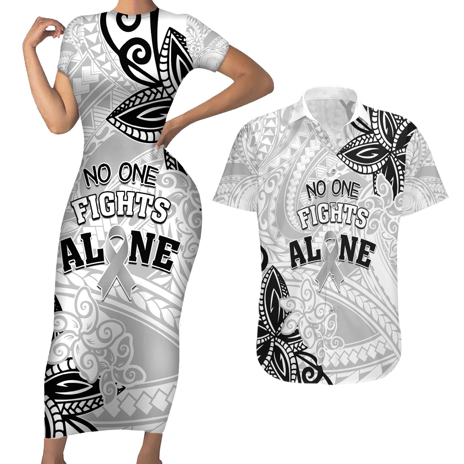 Personalised Polynesia Brain Cancer Couples Matching Short Sleeve Bodycon Dress and Hawaiian Shirt No One Fights Alone LT05 White - Polynesian Pride