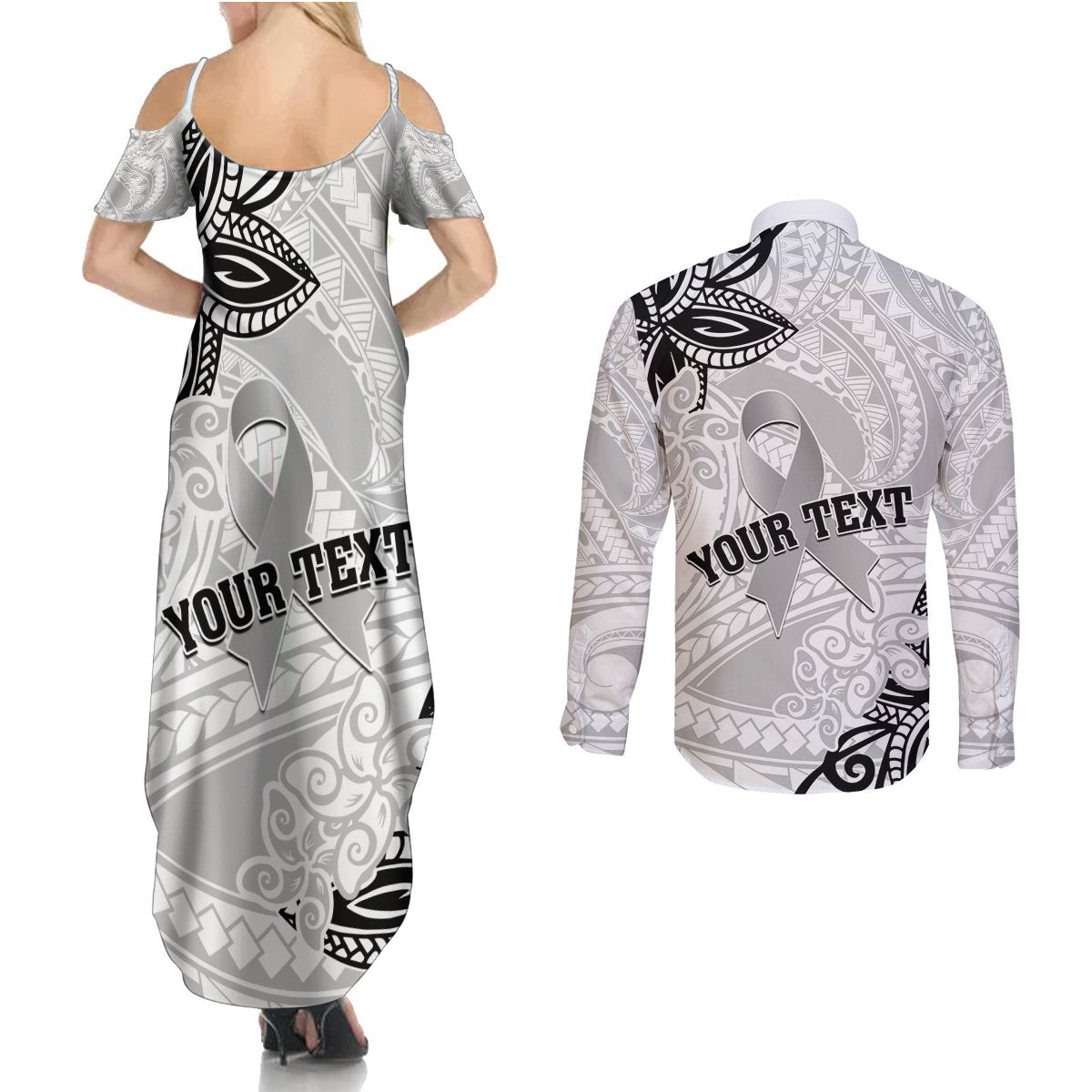 Personalised Polynesia Brain Cancer Couples Matching Summer Maxi Dress and Long Sleeve Button Shirt No One Fights Alone