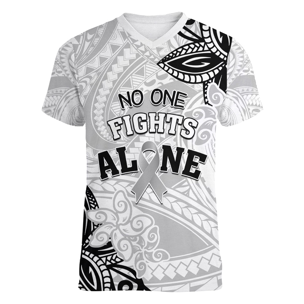 Personalised Polynesia Brain Cancer Women V-Neck T-Shirt No One Fights Alone