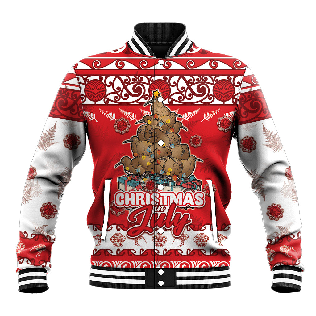 Personalised New Zealand Christmas In July Baseball Jacket Maori Kiwi Xmas Tree - Red