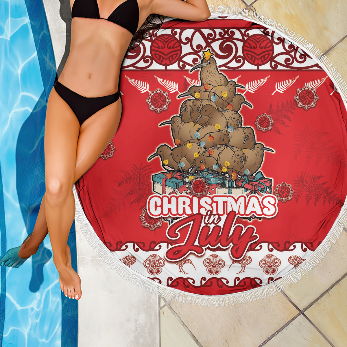 New Zealand Christmas In July Beach Blanket Maori Kiwi Xmas Tree - Red