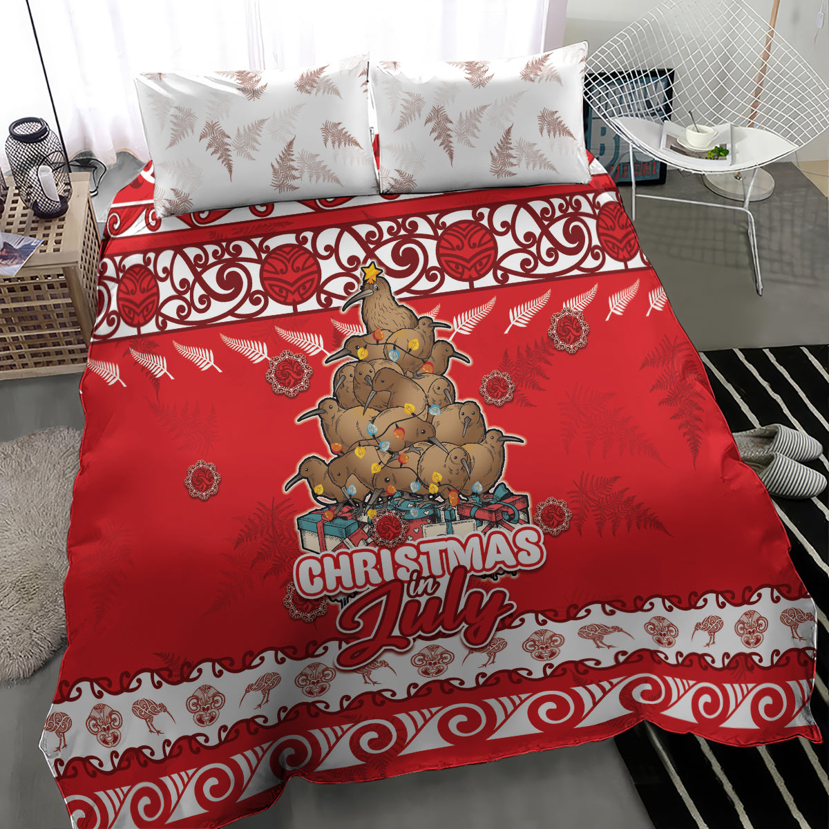 New Zealand Christmas In July Bedding Set Maori Kiwi Xmas Tree - Red