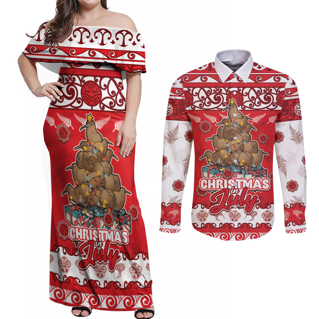 Personalised New Zealand Christmas In July Couples Matching Off Shoulder Maxi Dress and Long Sleeve Button Shirt Maori Kiwi Xmas Tree - Red