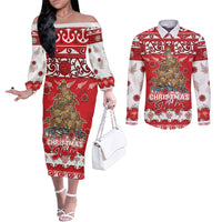 Personalised New Zealand Christmas In July Couples Matching Off The Shoulder Long Sleeve Dress and Long Sleeve Button Shirt Maori Kiwi Xmas Tree - Red