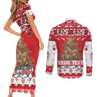 Personalised New Zealand Christmas In July Couples Matching Short Sleeve Bodycon Dress and Long Sleeve Button Shirt Maori Kiwi Xmas Tree - Red