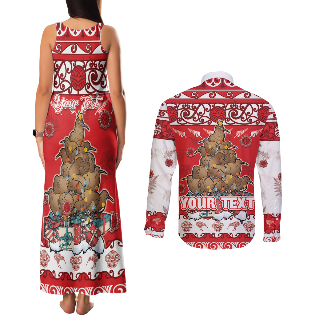 Personalised New Zealand Christmas In July Couples Matching Tank Maxi Dress and Long Sleeve Button Shirt Maori Kiwi Xmas Tree - Red