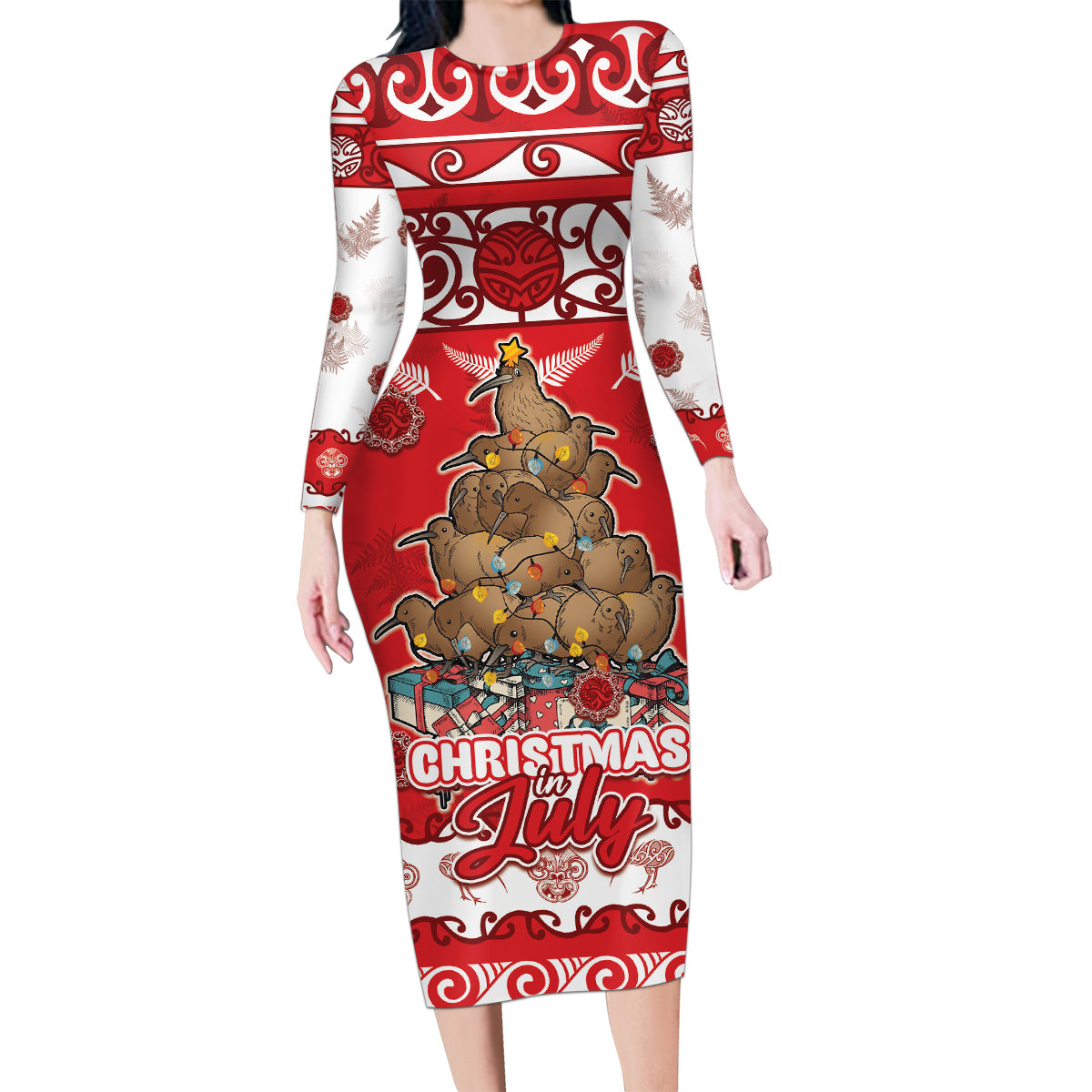 Personalised New Zealand Christmas In July Family Matching Long Sleeve Bodycon Dress and Hawaiian Shirt Maori Kiwi Xmas Tree - Red