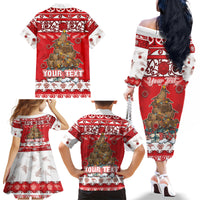 Personalised New Zealand Christmas In July Family Matching Off The Shoulder Long Sleeve Dress and Hawaiian Shirt Maori Kiwi Xmas Tree - Red