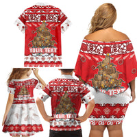 Personalised New Zealand Christmas In July Family Matching Off Shoulder Short Dress and Hawaiian Shirt Maori Kiwi Xmas Tree - Red