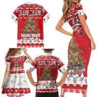 Personalised New Zealand Christmas In July Family Matching Short Sleeve Bodycon Dress and Hawaiian Shirt Maori Kiwi Xmas Tree - Red