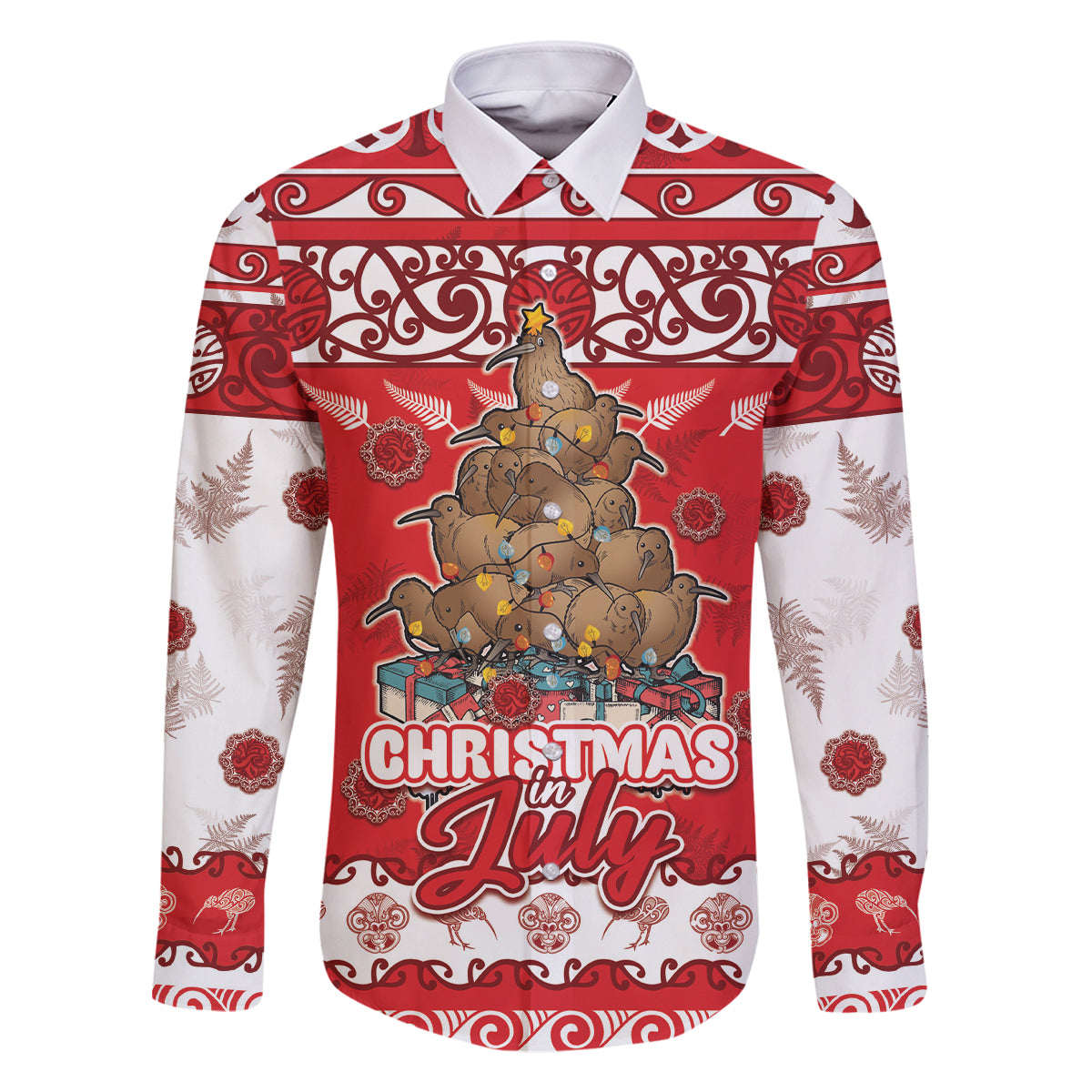 Personalised New Zealand Christmas In July Family Matching Tank Maxi Dress and Hawaiian Shirt Maori Kiwi Xmas Tree - Red