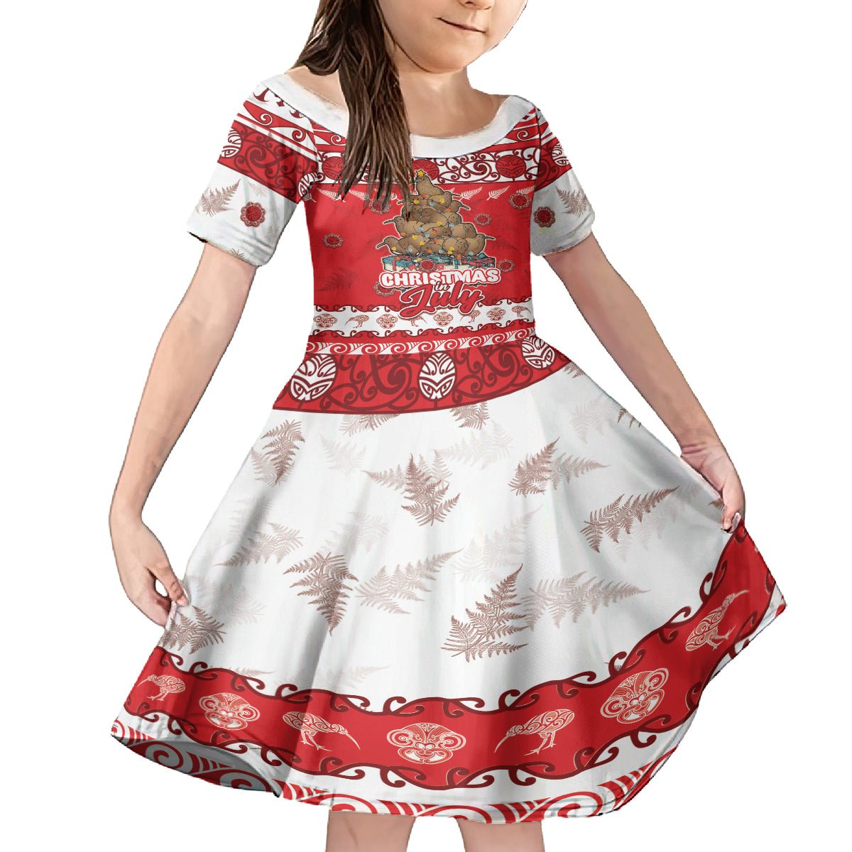 Personalised New Zealand Christmas In July Kid Short Sleeve Dress Maori Kiwi Xmas Tree - Red LT05 KID Red - Polynesian Pride