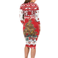 Personalised New Zealand Christmas In July Long Sleeve Bodycon Dress Maori Kiwi Xmas Tree - Red LT05 - Polynesian Pride