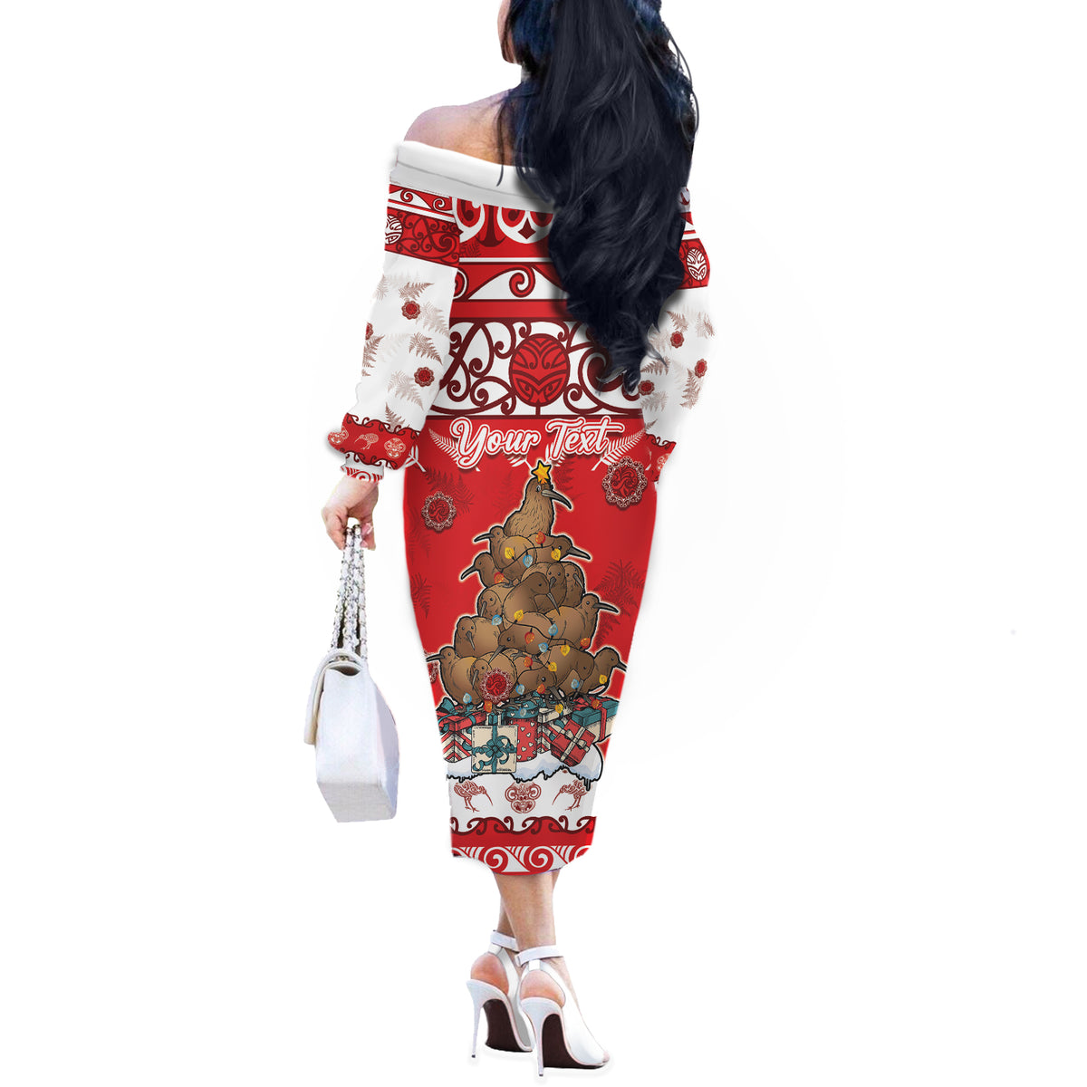 Personalised New Zealand Christmas In July Off The Shoulder Long Sleeve Dress Maori Kiwi Xmas Tree - Red LT05 - Polynesian Pride