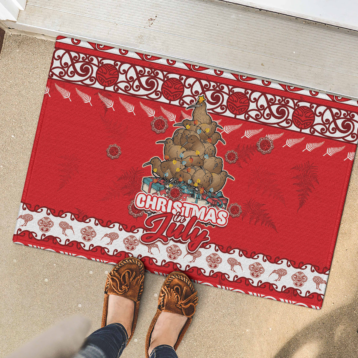 New Zealand Christmas In July Rubber Doormat Maori Kiwi Xmas Tree - Red