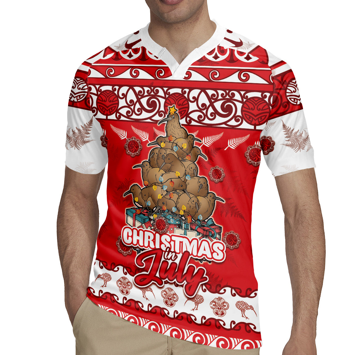 Personalised New Zealand Christmas In July Rugby Jersey Maori Kiwi Xmas Tree - Red