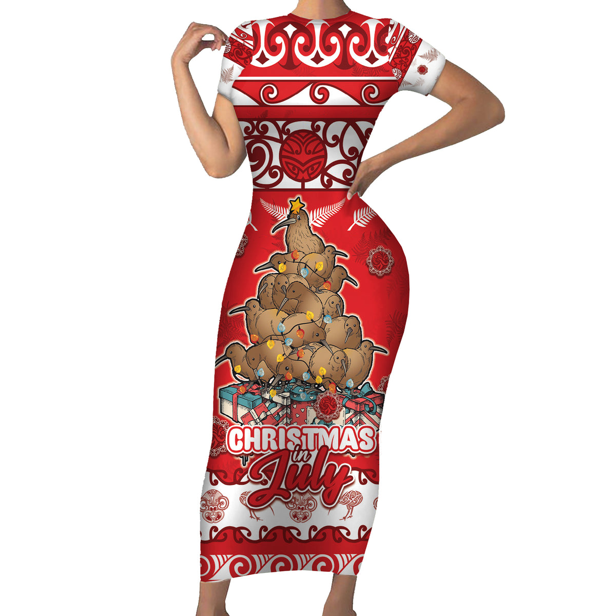Personalised New Zealand Christmas In July Short Sleeve Bodycon Dress Maori Kiwi Xmas Tree - Red LT05 Long Dress Red - Polynesian Pride