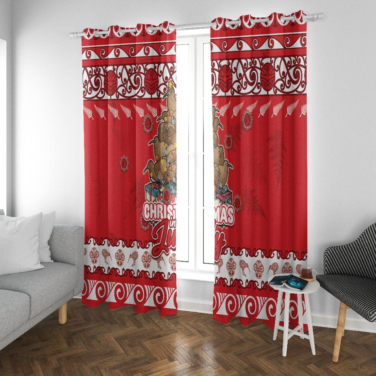 New Zealand Christmas In July Window Curtain Maori Kiwi Xmas Tree - Red