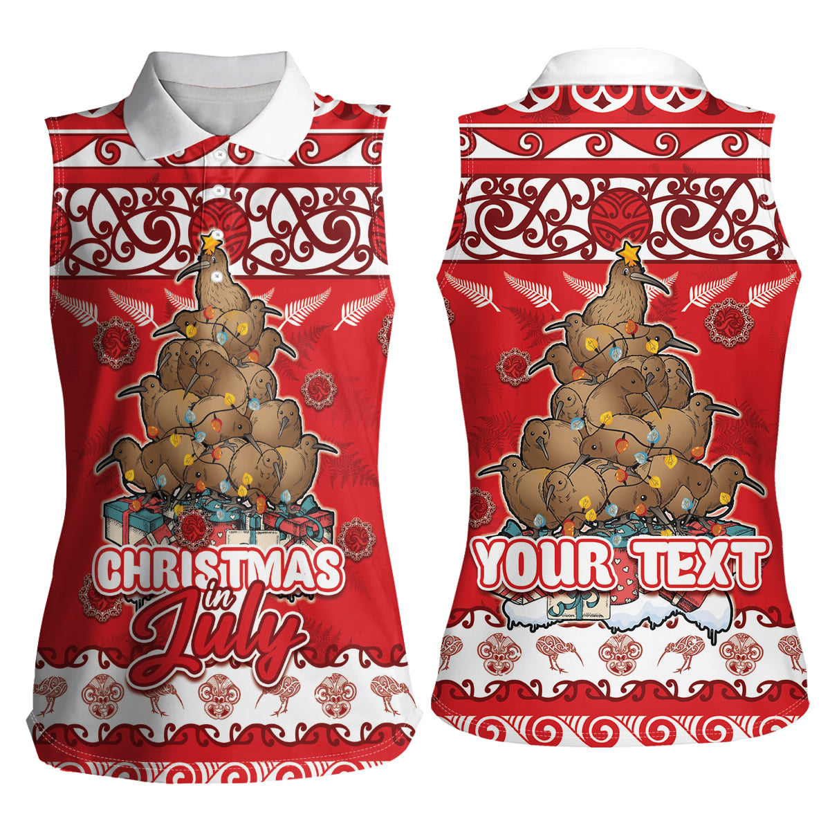 Personalised New Zealand Christmas In July Women Sleeveless Polo Shirt Maori Kiwi Xmas Tree - Red