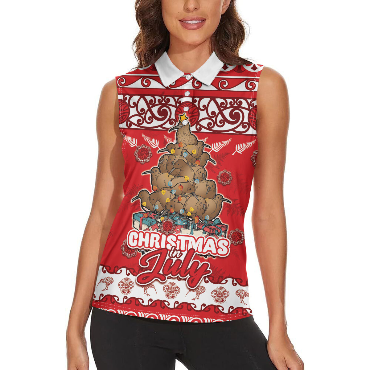 Personalised New Zealand Christmas In July Women Sleeveless Polo Shirt Maori Kiwi Xmas Tree - Red
