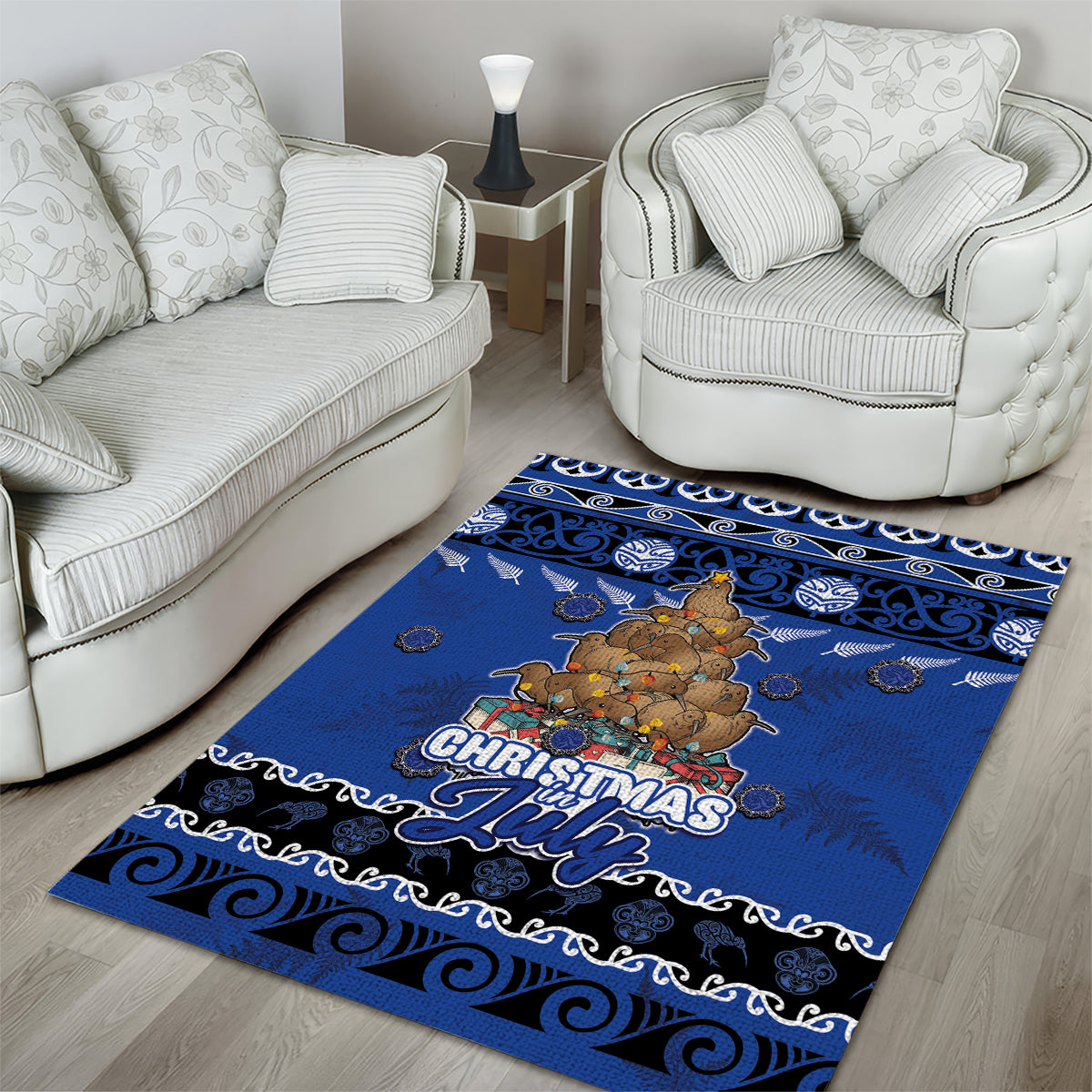 New Zealand July Christmas Area Rug Maori Kiwi Xmas Tree - Blue
