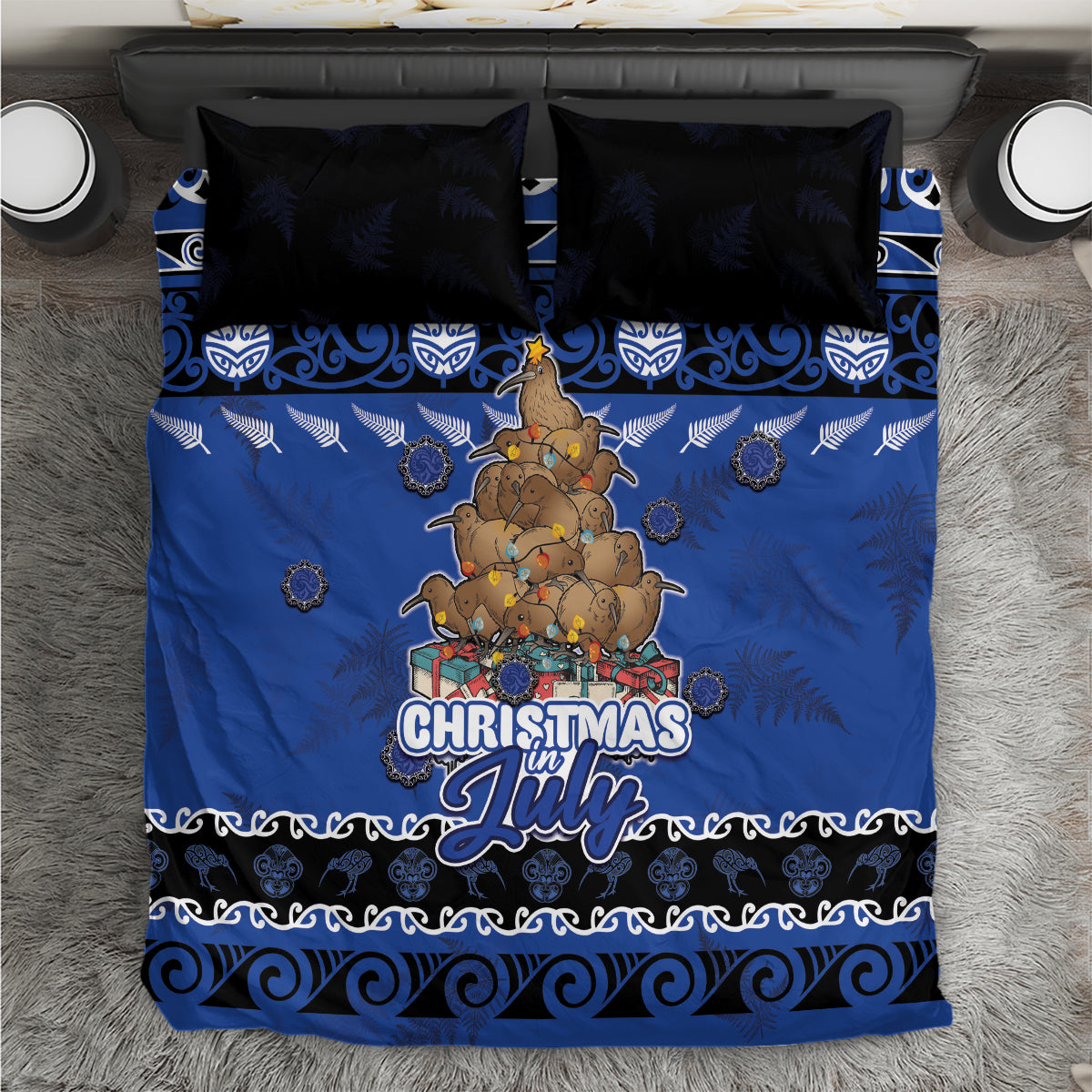 New Zealand July Christmas Bedding Set Maori Kiwi Xmas Tree - Blue