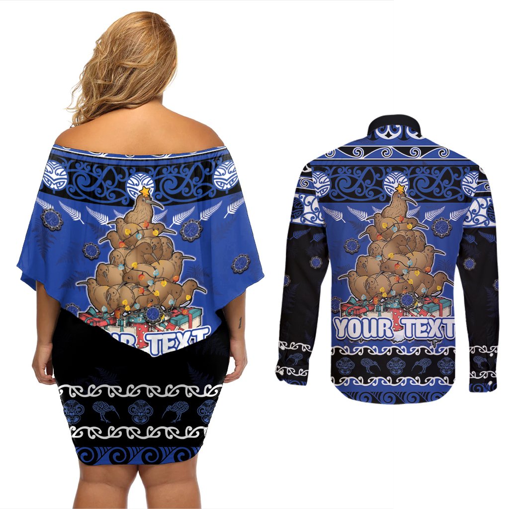 Personalised New Zealand July Christmas Couples Matching Off Shoulder Short Dress and Long Sleeve Button Shirt Maori Kiwi Xmas Tree - Blue LT05 - Polynesian Pride