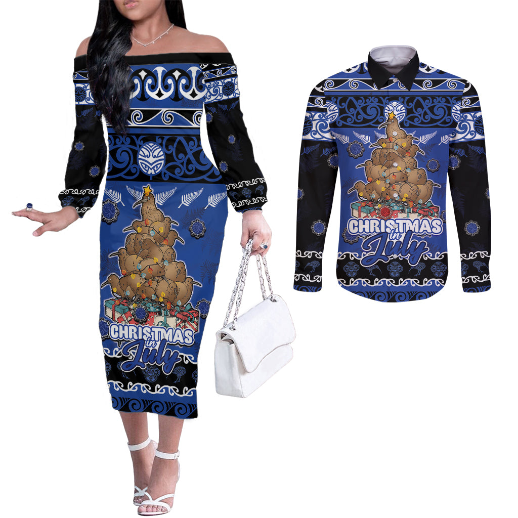 Personalised New Zealand July Christmas Couples Matching Off The Shoulder Long Sleeve Dress and Long Sleeve Button Shirt Maori Kiwi Xmas Tree - Blue LT05 Blue - Polynesian Pride
