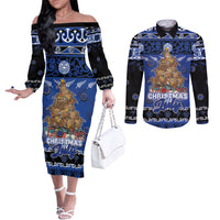 Personalised New Zealand July Christmas Couples Matching Off The Shoulder Long Sleeve Dress and Long Sleeve Button Shirt Maori Kiwi Xmas Tree - Blue LT05 Blue - Polynesian Pride
