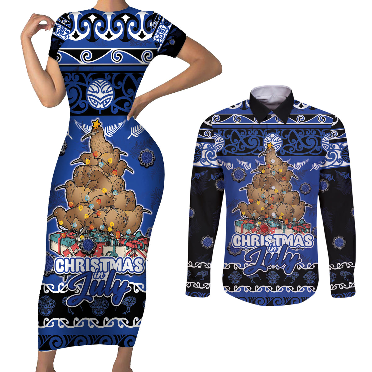 Personalised New Zealand July Christmas Couples Matching Short Sleeve Bodycon Dress and Long Sleeve Button Shirt Maori Kiwi Xmas Tree - Blue LT05 Blue - Polynesian Pride
