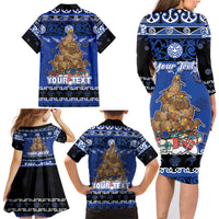 Personalised New Zealand July Christmas Family Matching Long Sleeve Bodycon Dress and Hawaiian Shirt Maori Kiwi Xmas Tree - Blue LT05 - Polynesian Pride