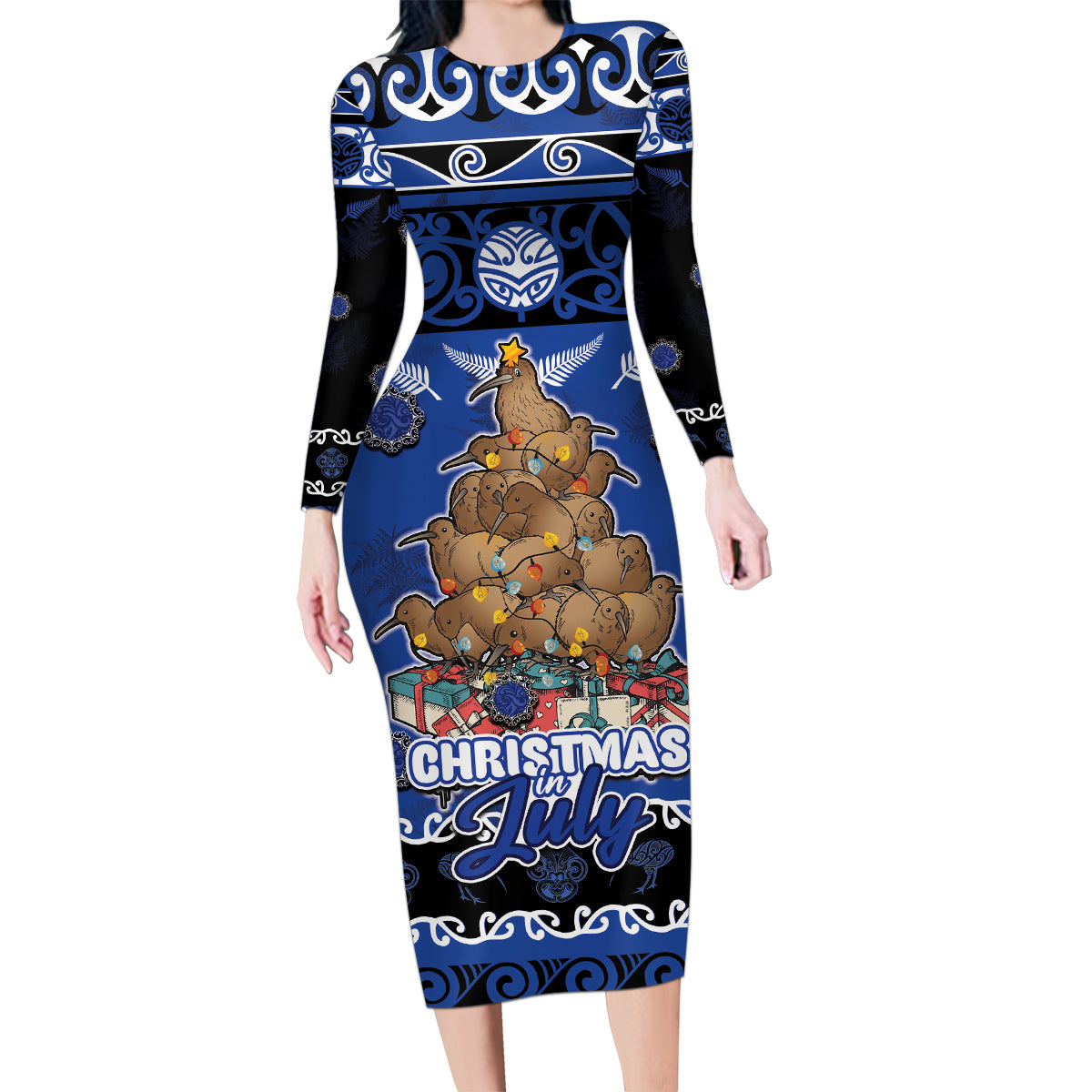 Personalised New Zealand July Christmas Family Matching Long Sleeve Bodycon Dress and Hawaiian Shirt Maori Kiwi Xmas Tree - Blue LT05 Mom's Dress Blue - Polynesian Pride