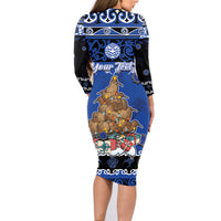 Personalised New Zealand July Christmas Family Matching Long Sleeve Bodycon Dress and Hawaiian Shirt Maori Kiwi Xmas Tree - Blue LT05 - Polynesian Pride