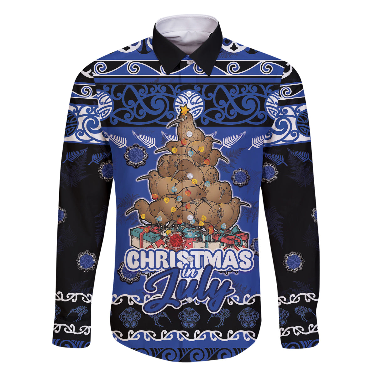 Personalised New Zealand July Christmas Family Matching Mermaid Dress and Hawaiian Shirt Maori Kiwi Xmas Tree - Blue LT05 Dad's Shirt - Long Sleeve Blue - Polynesian Pride