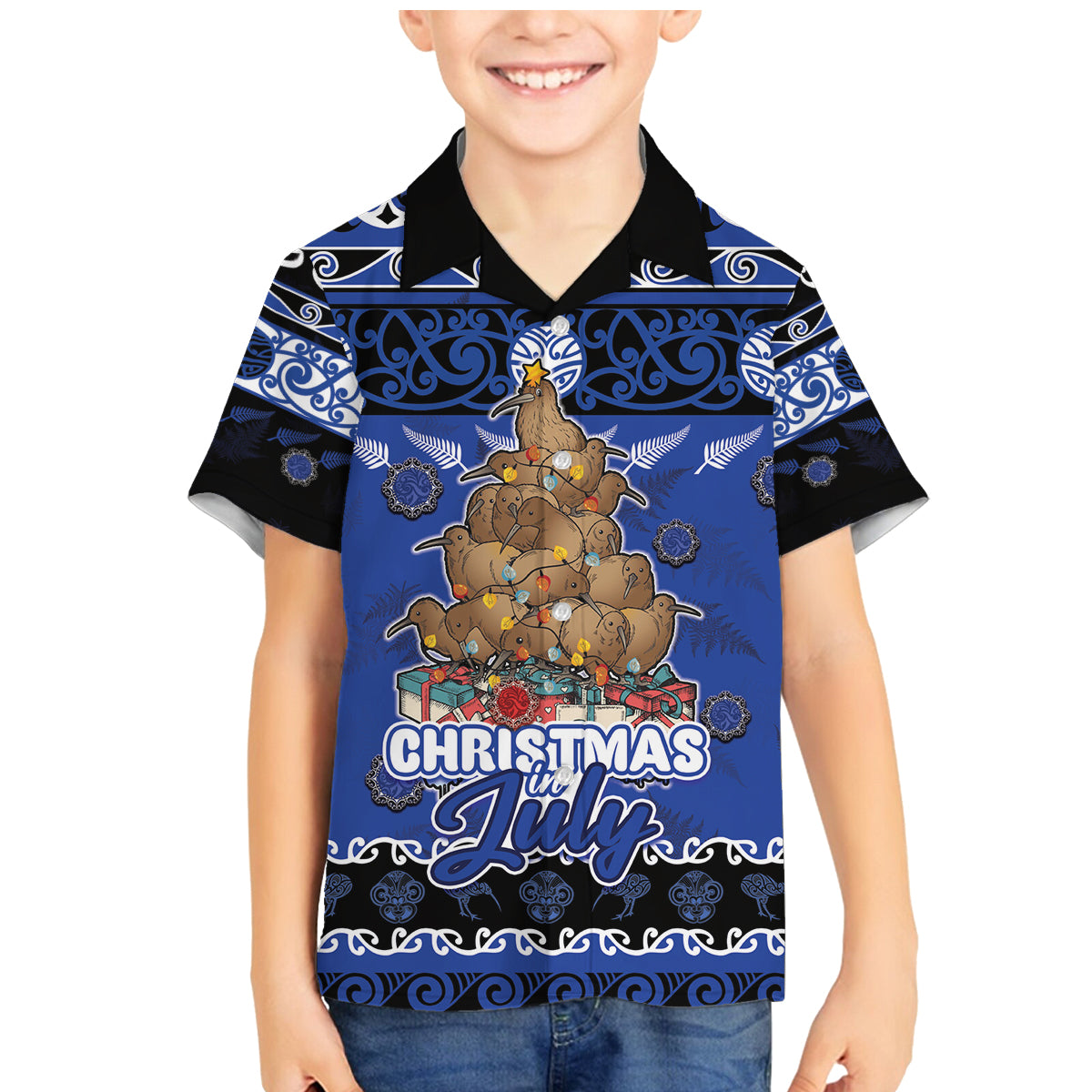 Personalised New Zealand July Christmas Family Matching Mermaid Dress and Hawaiian Shirt Maori Kiwi Xmas Tree - Blue LT05 Son's Shirt Blue - Polynesian Pride
